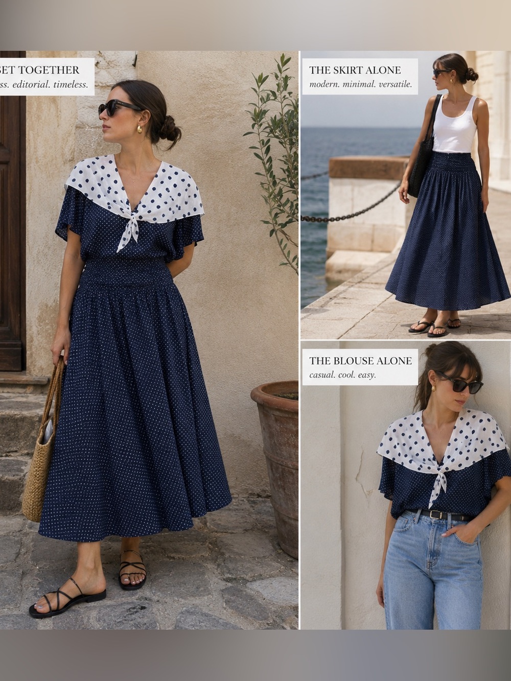 Vintage Navy Polka Dot Two Piece Set | Sailor Collar Blouse & Maxi Skirt